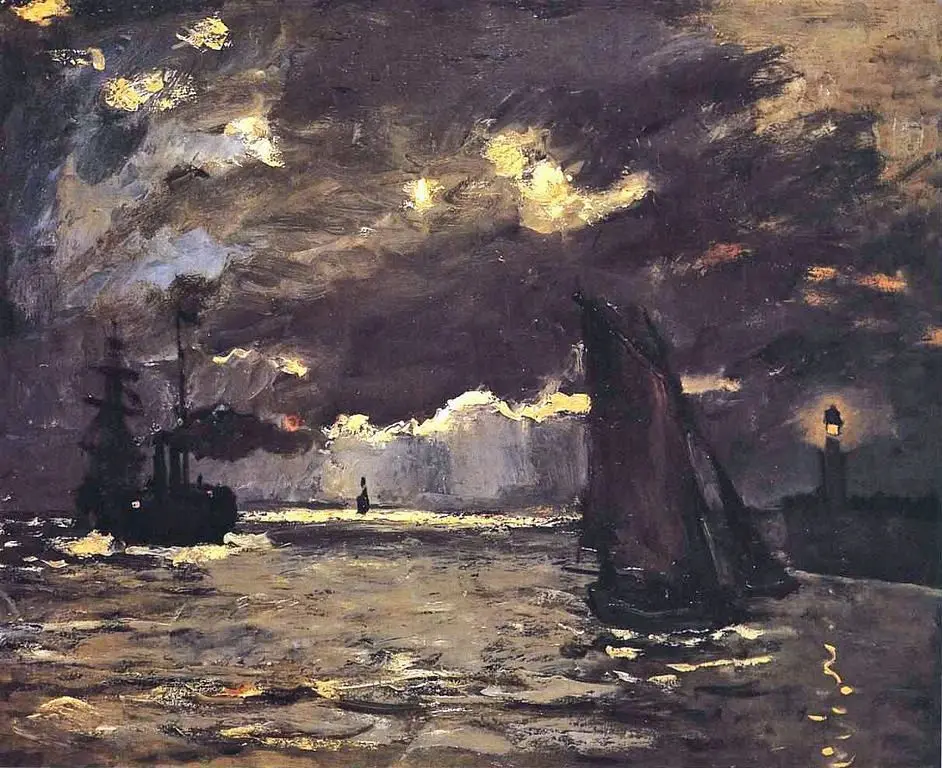 Клод Моне. Морской пейзаж, корабли в лунном свете. 1864