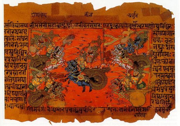Битва на Курукшетре между кауравами и пандавами. Рукописная иллюстрация к эпосу «Махабхарата». XVIII в.