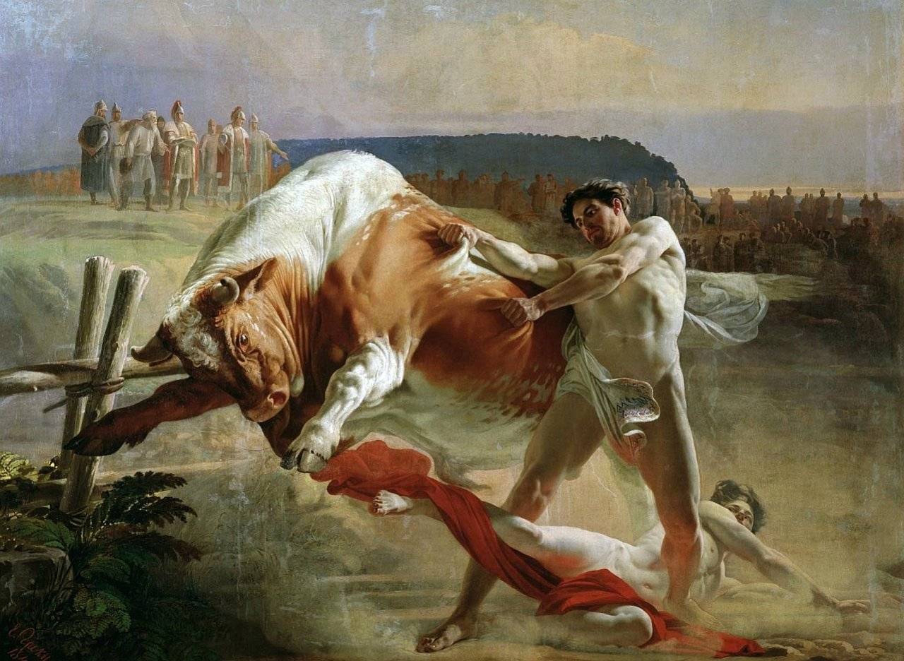 Евграф Сорокин. Ян Усмовец, удерживающий быка. 1849