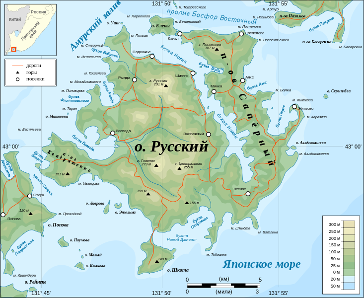 Топографическая карта острова Русский Приморского края