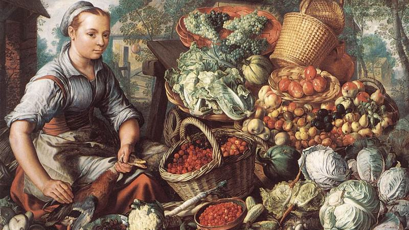 Иоахим Бейкелар. Женщина, торгующая на рынке фруктами, овощами и домашней птицей (фрагмент)