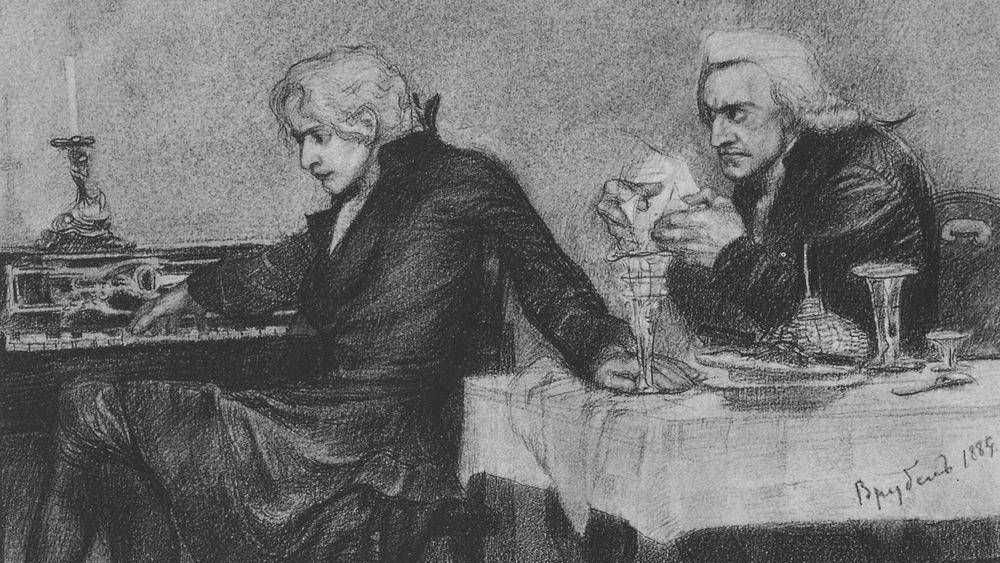 Врубель Михаил. Сальери наливает яд в бокал Моцарта. 1884