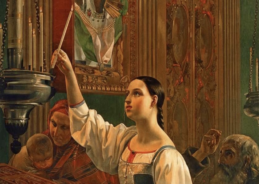 Григорий Михайлов. Девушка, ставящая свечу перед образом (фрагмент). 1842
