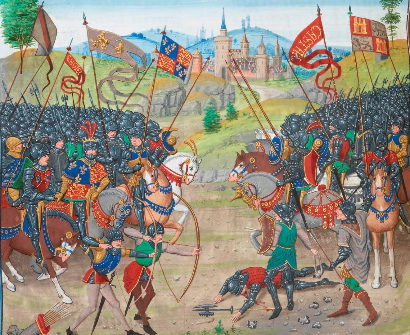 Столетняя война. Битва при Наджере 1367 г. за трон Кастилии и Леона. Миниатюра из «Хроник» Жана Фруассара. XV
