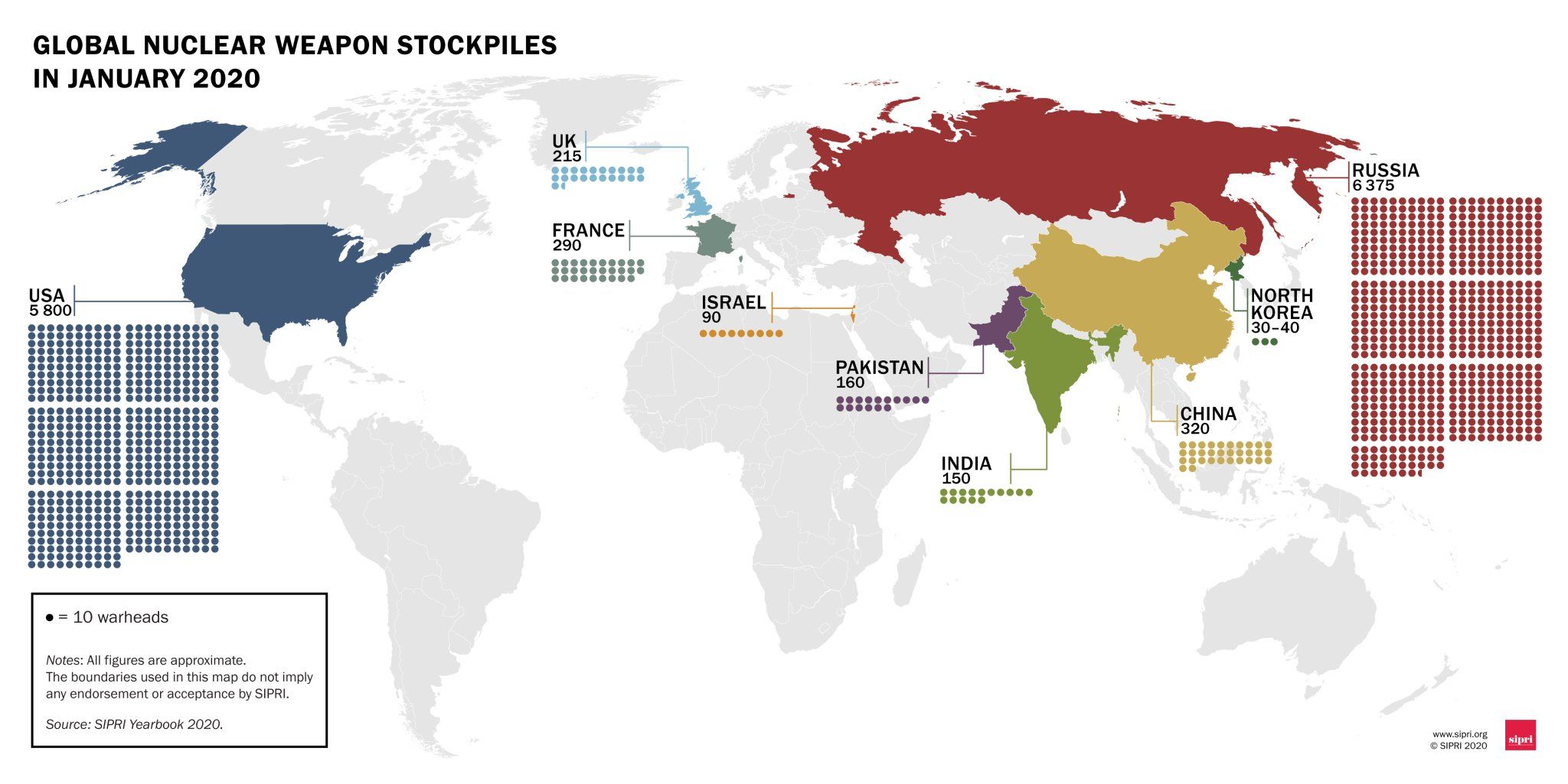 Распределение количества ядерных зарядов по странам мира