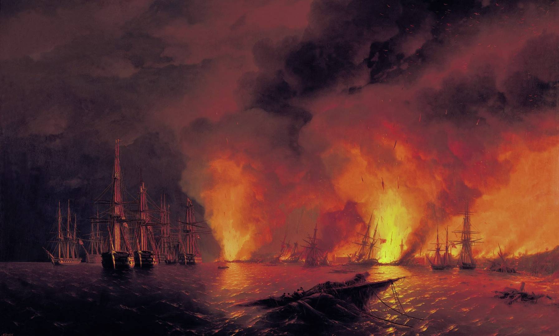 Иван Айвазовский. Синопский бой 18 ноября 1853 года (Ночь после боя) (фрагмент). 1853