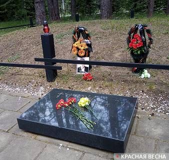 Цветы на место захоронения погибшего советского воина в селе Медное Тверской области