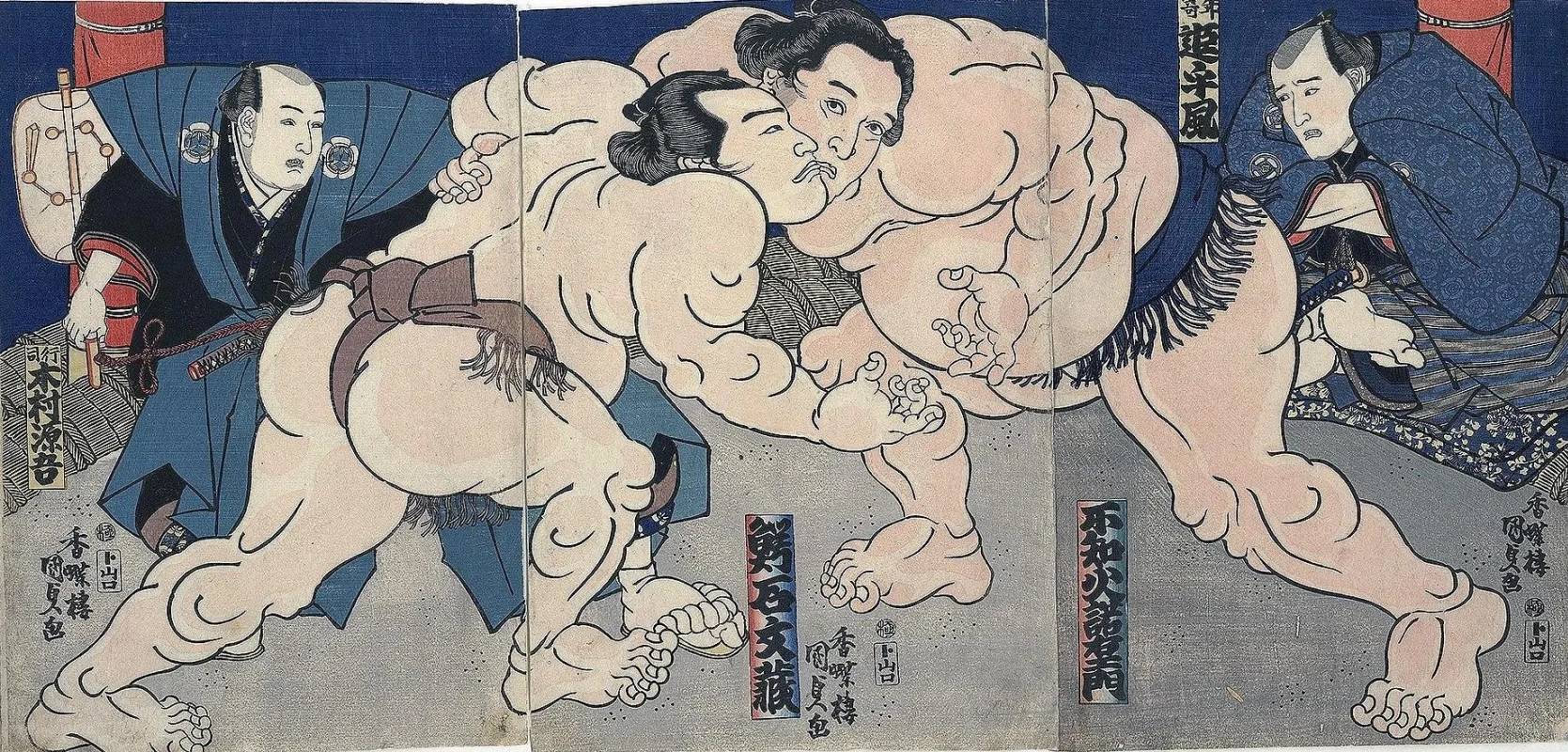 Утагава Кунисада. Триптих: Борцы сумо Сирануи Дакуэмон и Цуругидзан Таниэмон. 1830-е