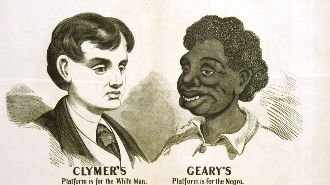 Фрагмент расистского плаката «The two platforms» в США. 1866