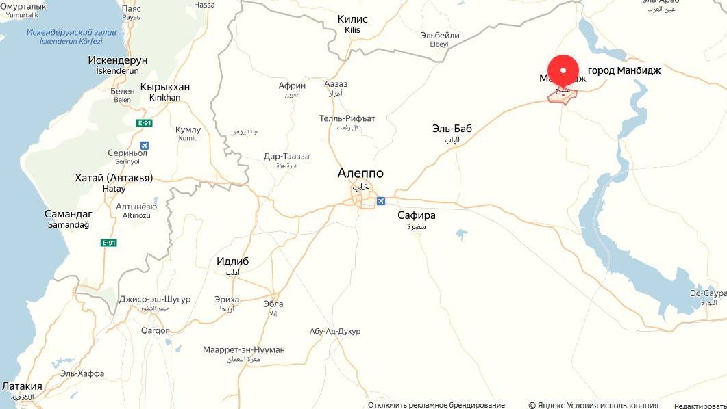 Манбидж на карте Сирии