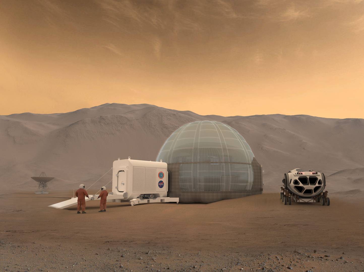 Возможная концепция марсианской базы с жилым модулем, марсианскими скафандрами и обитаемым транспортным средством (ровером)
