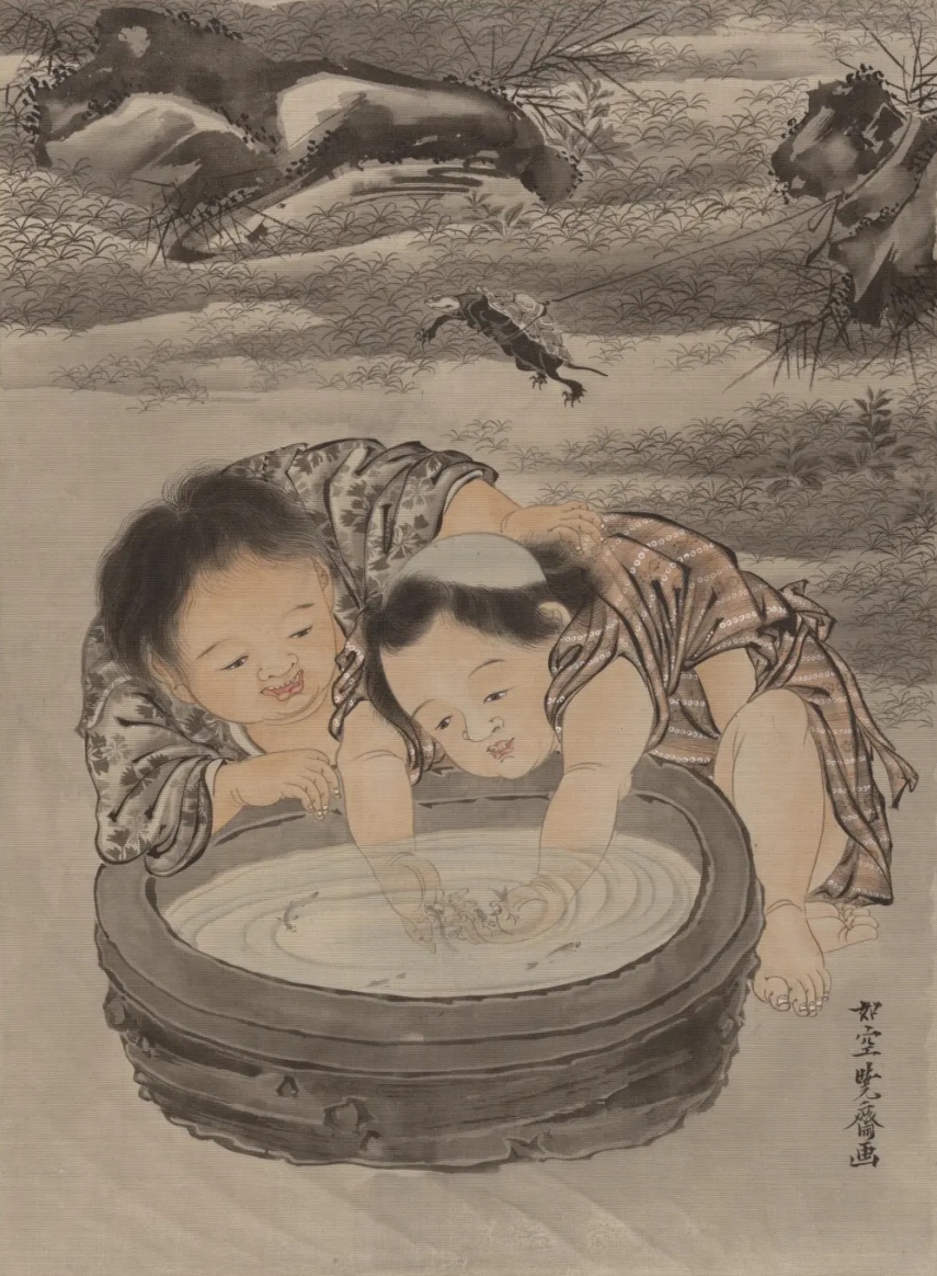 Каванабэ Кёсай. Дети, играющие с золотыми рыбками. 1887