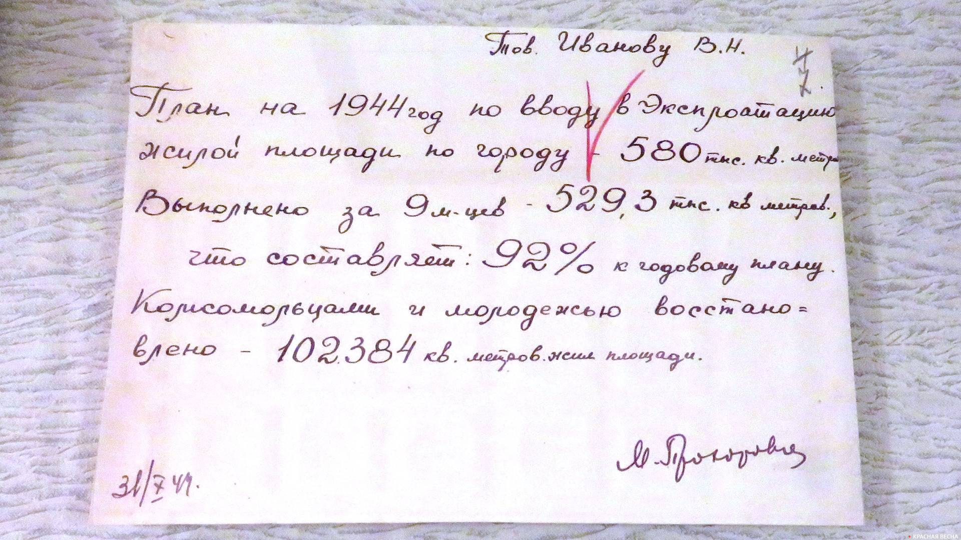 Отчет ЛГК ВЛКСМ о выполнении плана по восстановлению жилого фонда Ленинграда. 31 октября 1944 год