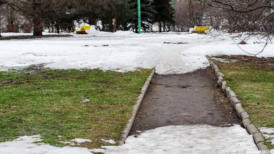 Москва. Снег и трава у дорожки в парке.