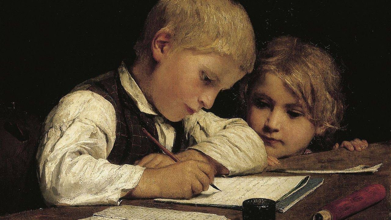 Альберт Анкер. Пишущий мальчик с сестрой. Фрагмент 1875