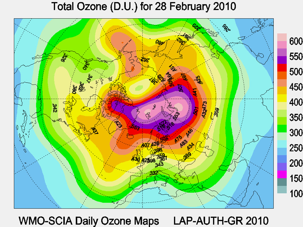 Рис.•7. Карта ОСО в Северном полушарии 28•февраля 2010 года