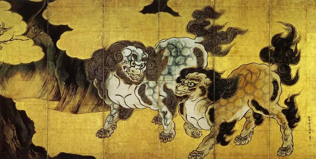 Кано Эйтоку. Ширма с изображением китайских львов. XVI век