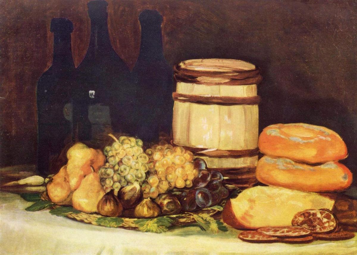Франсиско де Гойя. Натюрморт с фруктами, бутылками, хлебом. 1826