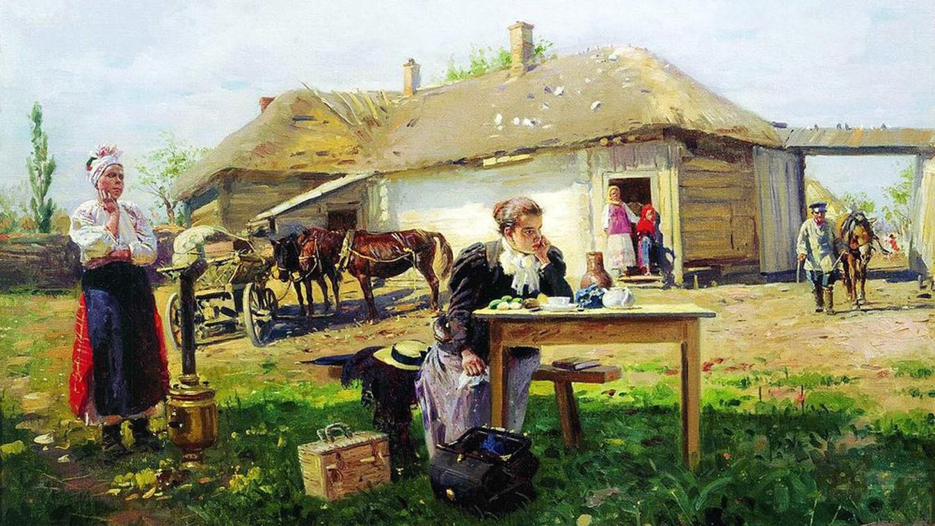 Владимир Маковский. Приезд учительницы в деревню. 1897