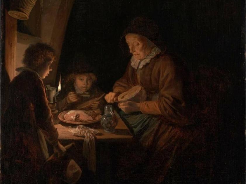 Геррит Доу. Старуха нарезает хлеб (фрагмент). 1655