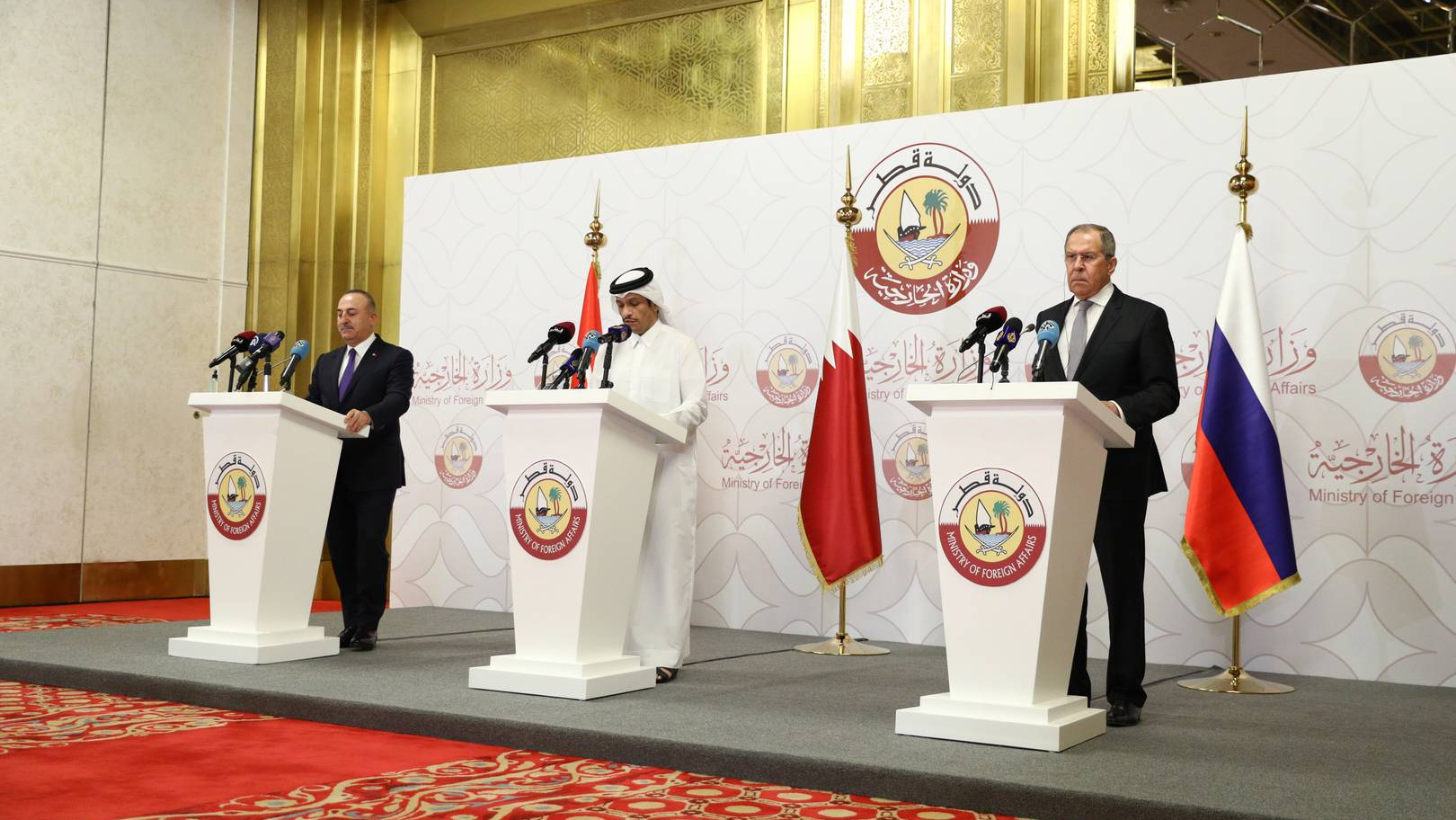 Пресс-конференция по итогам трехсторонней встречи министров иностранных дел России, Турции и Катара. Доха, 11 марта 2021 года