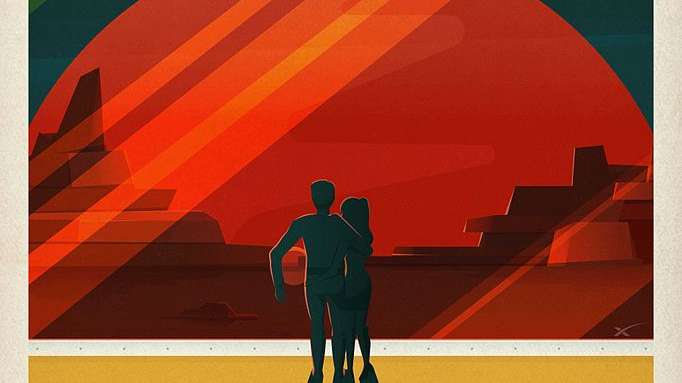 Вымышленный Марс туристический плакат по заказу SpaceX. Фобос и Деймос (ahfuvtyn)