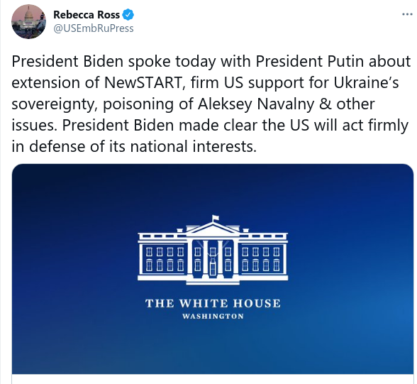 Сообщение в Twitter пресс-атташе посольства США в РФ Ребекки Росс