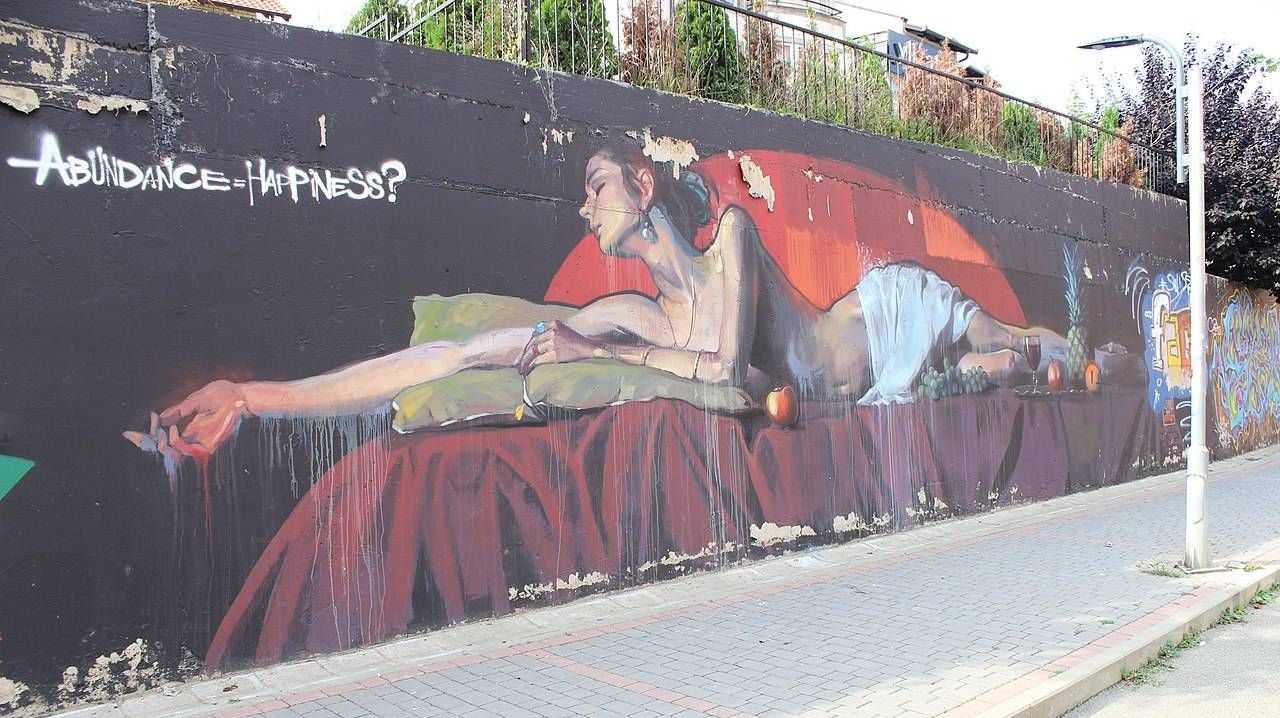Граффити «изобилие=счастье?» в г. Приштина, Косово.