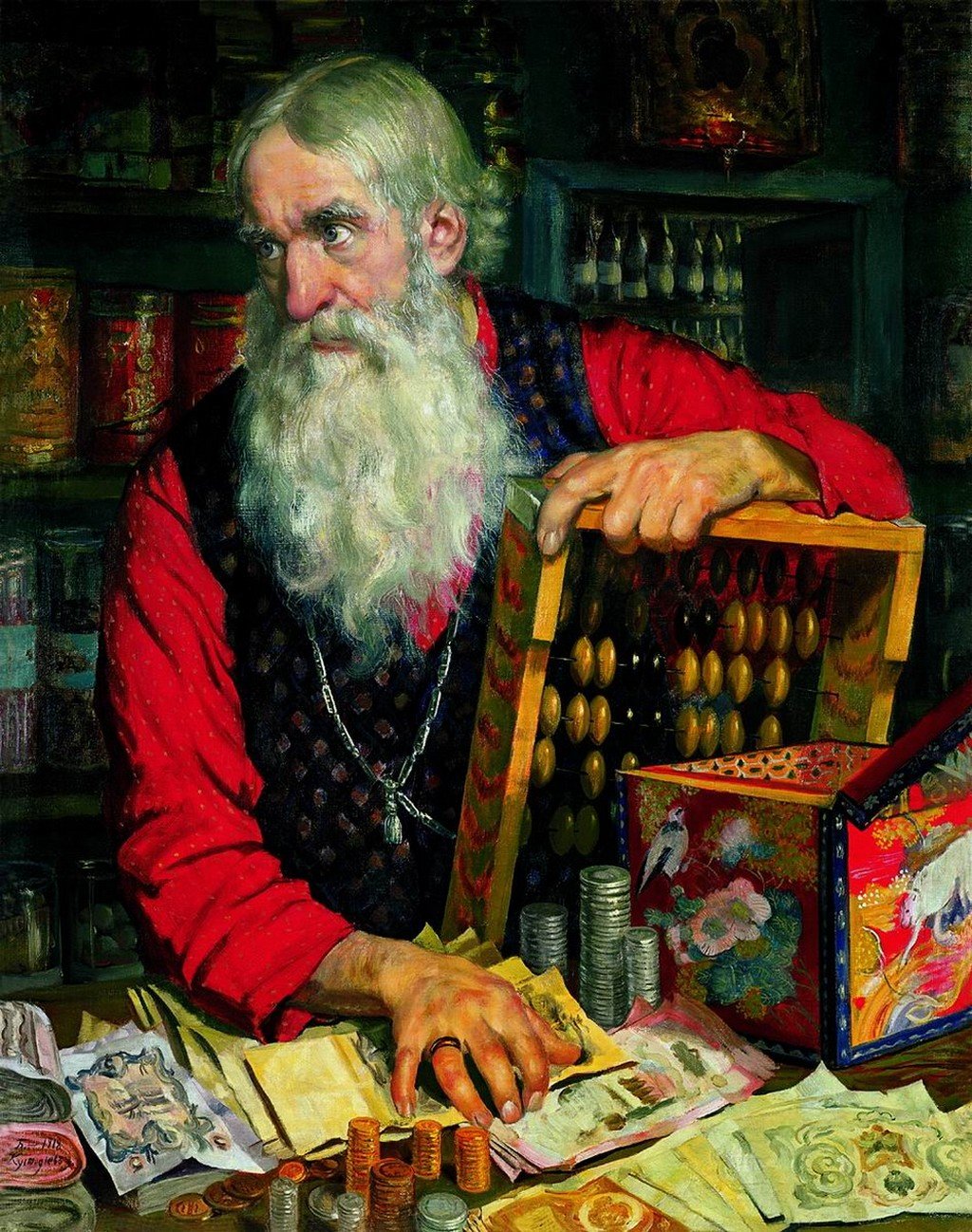 Борис Кустодиев. Купец, считающий деньги (фрагмент). 1918