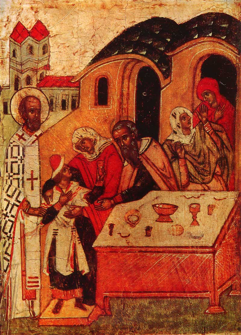 Никола возвращает Василия Агрику. Клеймо иконы «Никола Зарайский, с житием». Ростово-суздальская живопись XII–XVI веков