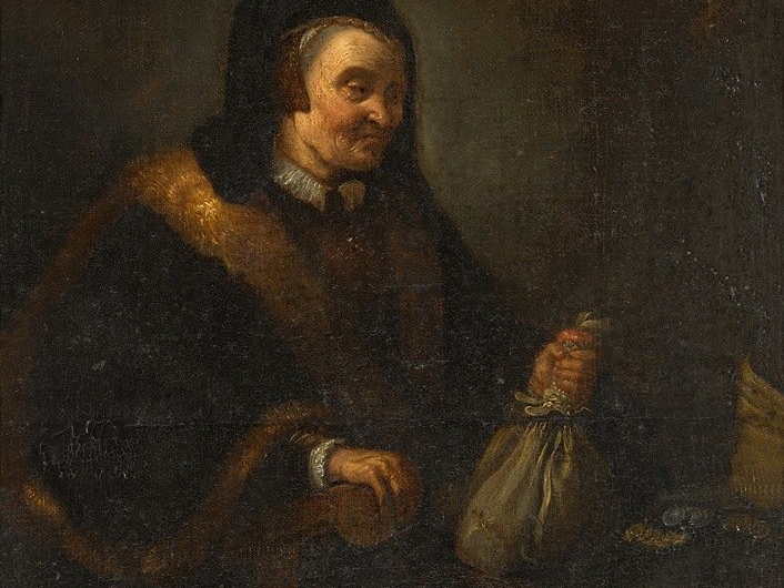Последователь Рембрандта. Аллегория алчности. Старуха с кошельком и монетами на столе (фрагмент)