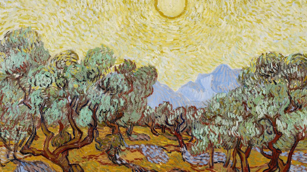 Винсент Ван Гог. Оливковые деревья с желтым небом и солнцем. 1889