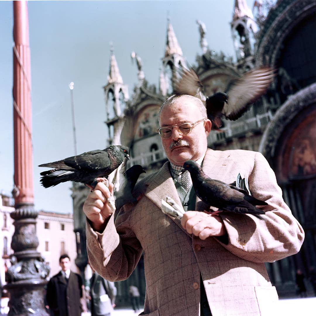 Эрнест Хемингуэй с голубями, площадь Сан-Марко, Венеция, Италия. 1954