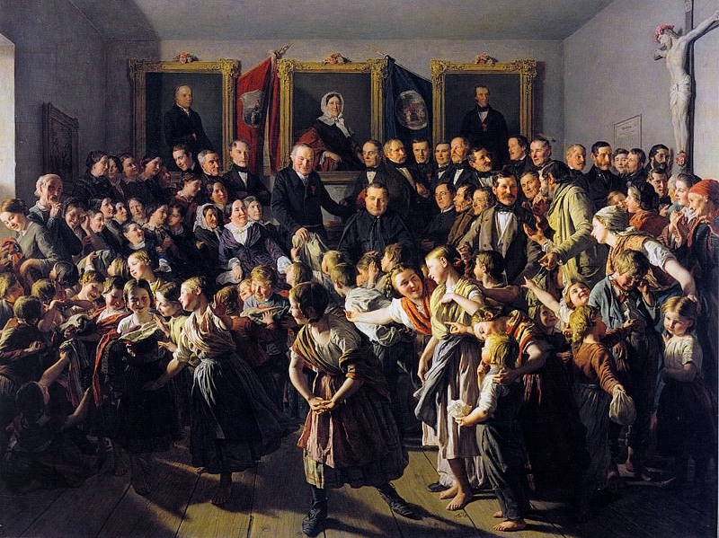 Фердинанд Георг Вальдмюллер. Дети бедных родителей получают зимнюю одежду в день святого Микаэля. 1857