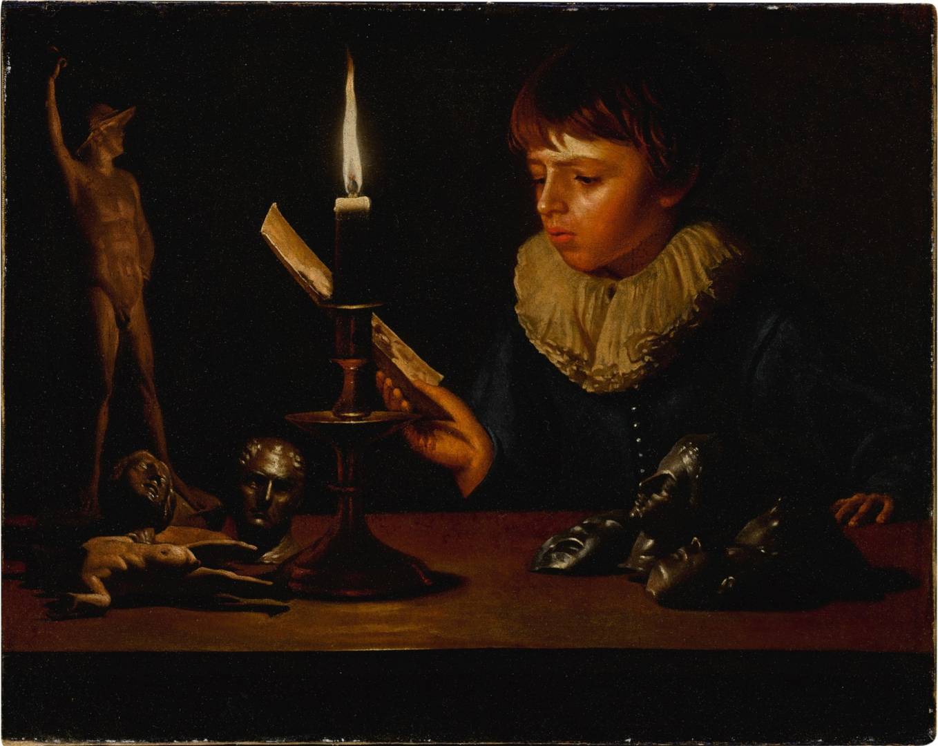 Адам де Костер. Мальчик читает при свече за столом со статуэтками. 1641