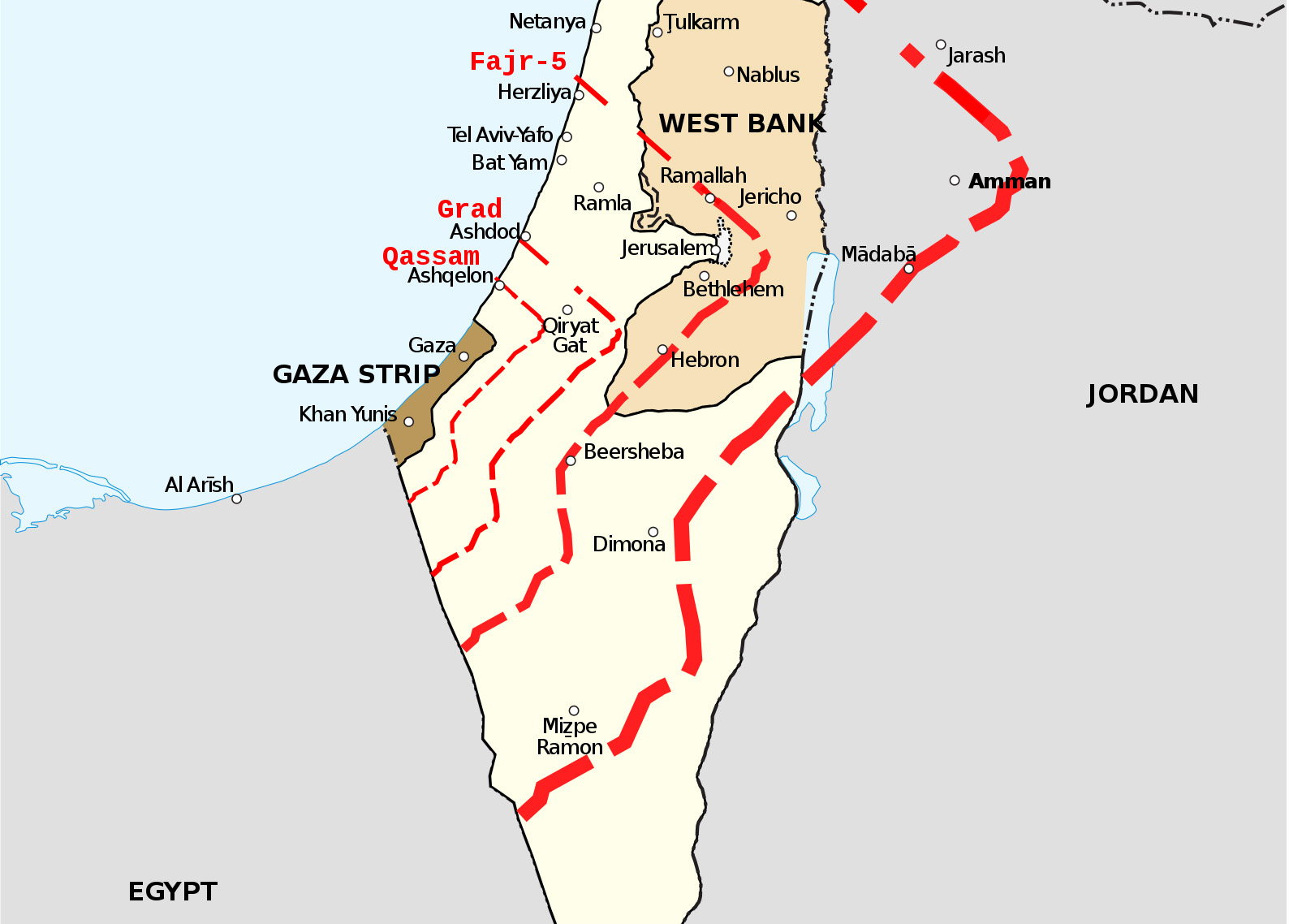 Радиус ракетных ударов Хамас по Израилю