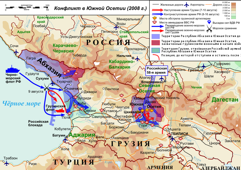 Приблизительная карта боевых действий в августе 2008 года