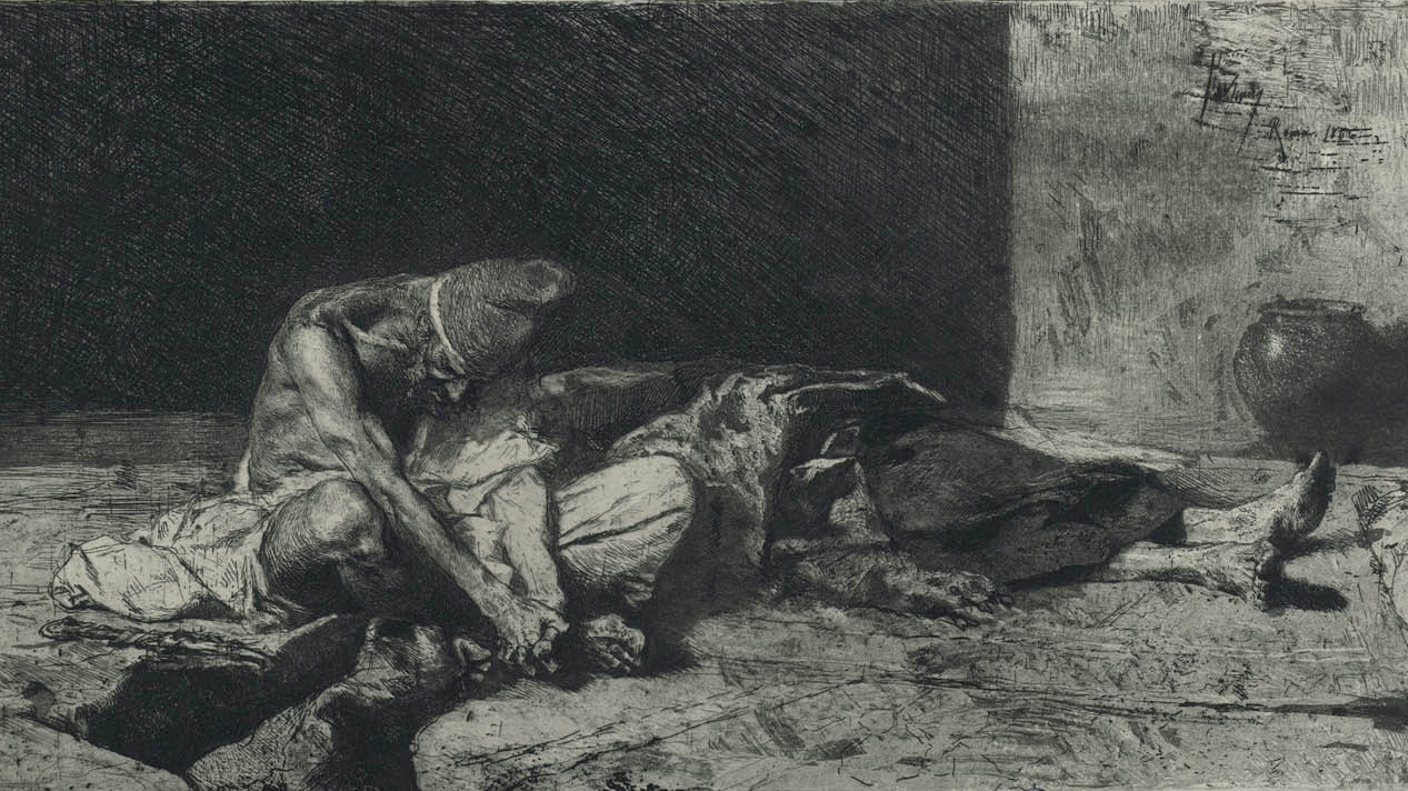 Мариано Фортуни-и-Марсаль. Араб, покрывший тело своего умершего друга (фрагмент). 1866