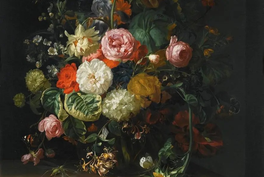Рашель Рюйш. Розы, тюльпаны, подсолнух и другие цветы с насекомыми в стеклянной вазе (фрагмент). 1710